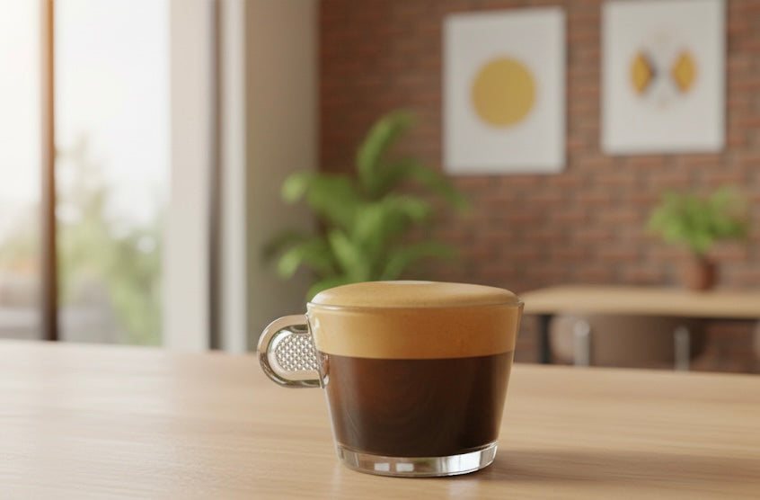 A finished glass of black coffee on a light wooden table