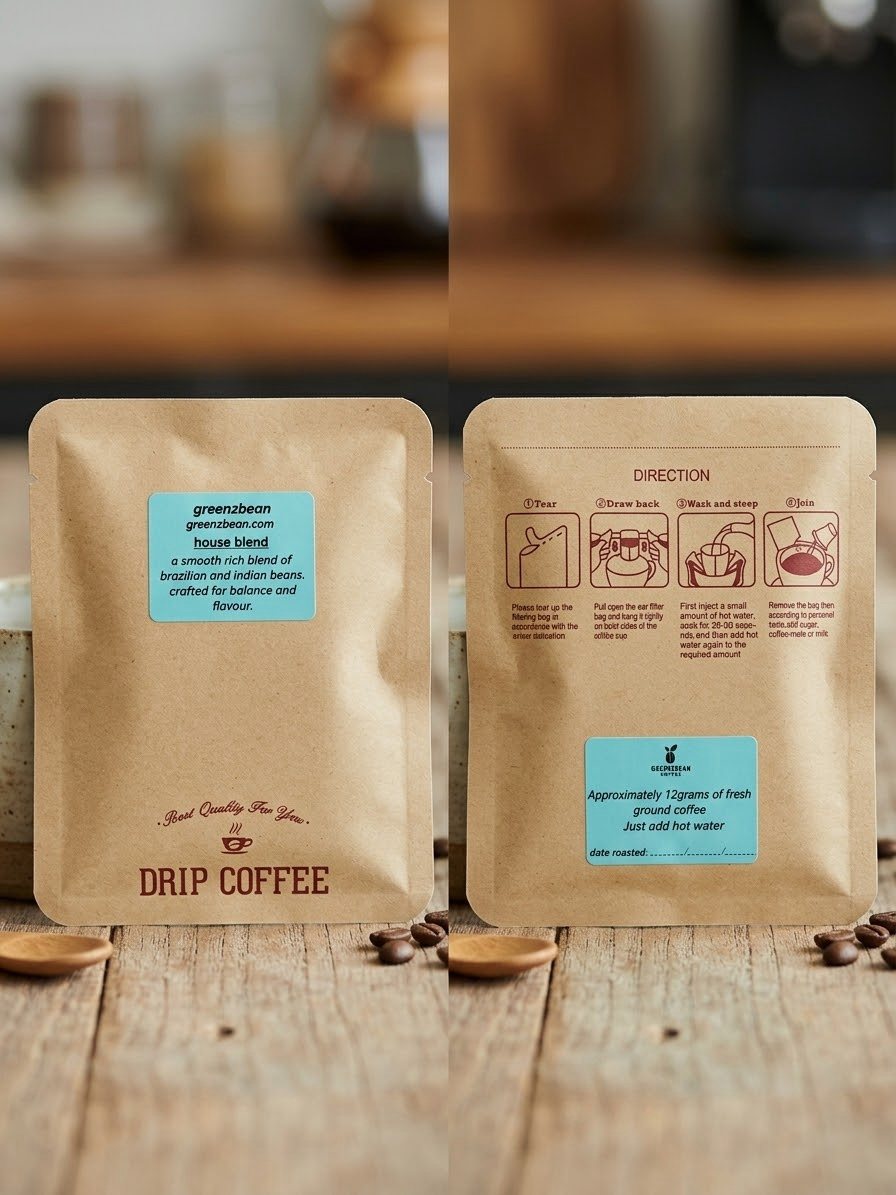 The front and back of a Green2bean drip coffee pouch